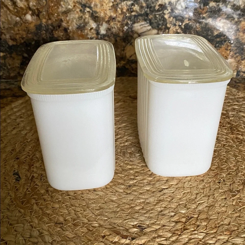 Vintage Hazel Atlas milk glass refrigerator dishes with plastic lids 40’s-60’s